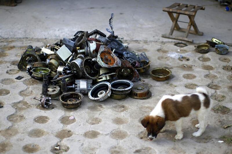 A puppy stands next to parts of dismantled electronic goods in the yard of a recycling workers’ tenement house at Dongxiaokou village. Kim Kyung-Hoon / Reuters
