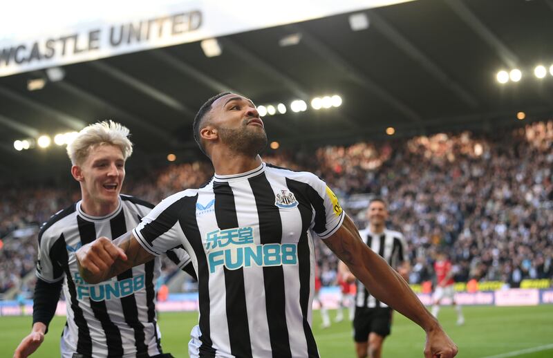 Newcastle United striker Callum Wilson celebrates after scoring in the Magpies' Premier League win over Manchester United at St James' Park on April 2, 2023. Getty