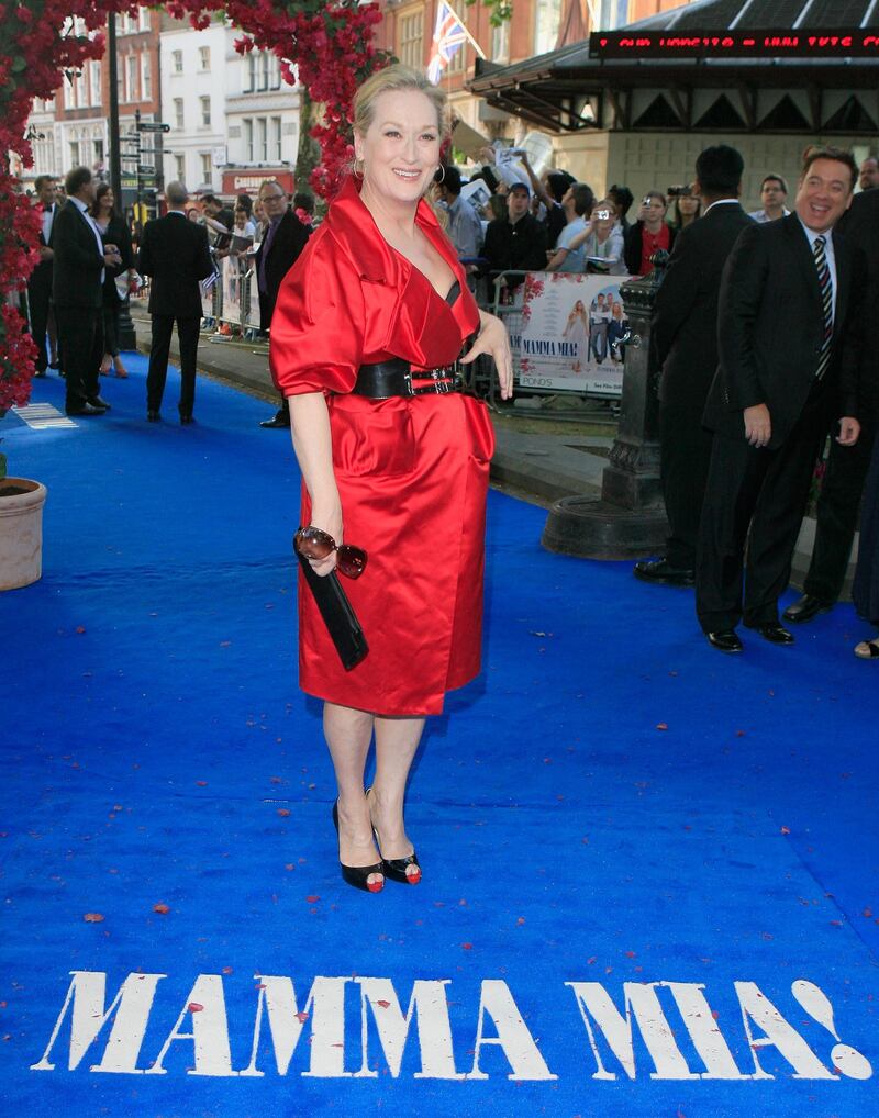 LONDON - JUNE 30:  Meryl Streep poses for a picture on the blue carpet at the Mamma Mia! The Movie world premiere held at the Odeon Leicester Square on June 30, 2008 in London, England.  (Photo by Mike Lusmore/Getty Images for POND'S)