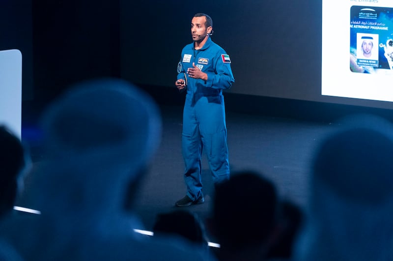 Hazza Al Mansouri, the first Emirati in space, delivers a talk at Dubai's Museum of the Future. All photos: Antonie Robertson / The National


