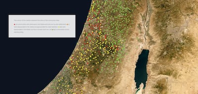 A map produced by Palestine, Today is dotted with colour-coded markers that indicate the status of communities in Palestine. Courtesy of Palestine, Today