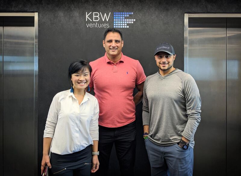 Fengru Lin and Max Rye with Prince Khaled bin Alwaleed bin Talal Al Saud during a visit to KBW Ventures’ Dubai offices. Courtesy KBW Ventures