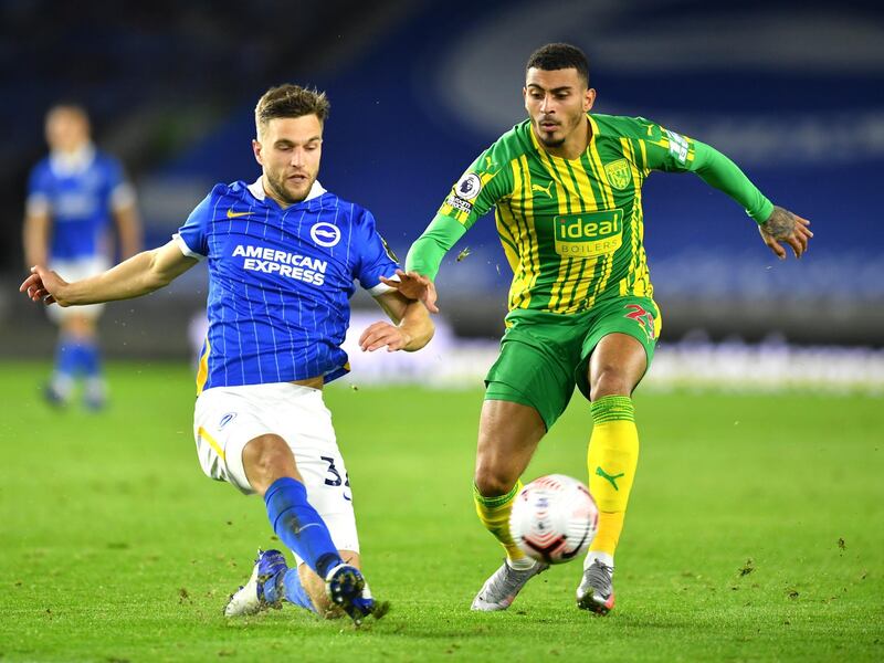 Brighton's Joel Veltman, left, and West Bromwich Albion's Karlan Grant challenge for the ball during the English Premier League soccer match between Brighton and West Bromwich Albion at the American Express Community Stadium in Brighton, England, Monday, Oct. 26, 2020. (Glyn Kirk/Pool via AP)
