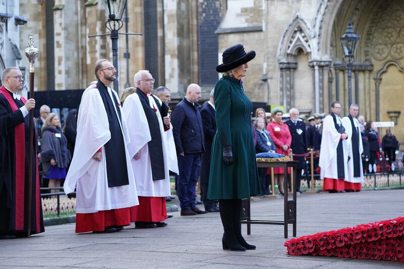 Camilla, The Duchess of Cornwall, observes a two-minute silence during a visit to the 93rd Field of Remembrance at Westminster Abbey in London. PA