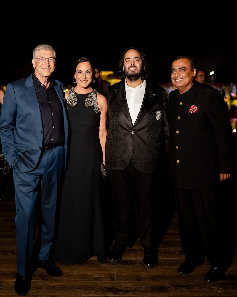 Bill Gates and girlfriend Paula Hurd with Anant Ambani and Mukesh Ambani during the pre-wedding celebrations. Reliance / Reuters 