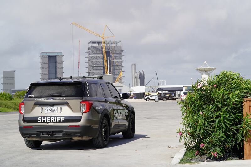 A sheriff's car parks near SpaceX in Boca Chica.