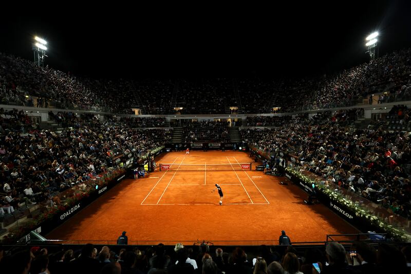 Novak Djokovic and Casper Ruud contest the Italian Open semi-final. Getty