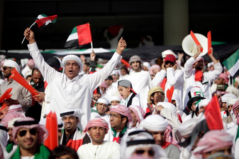 February 22, 2012 (Abu Dhabi)UAE fans celebrate has the UAE Olympic team plays Australia for a Olympic qulifier game play in Abu Dhabi February 22, 2012.  (Sammy Dallal / The National)