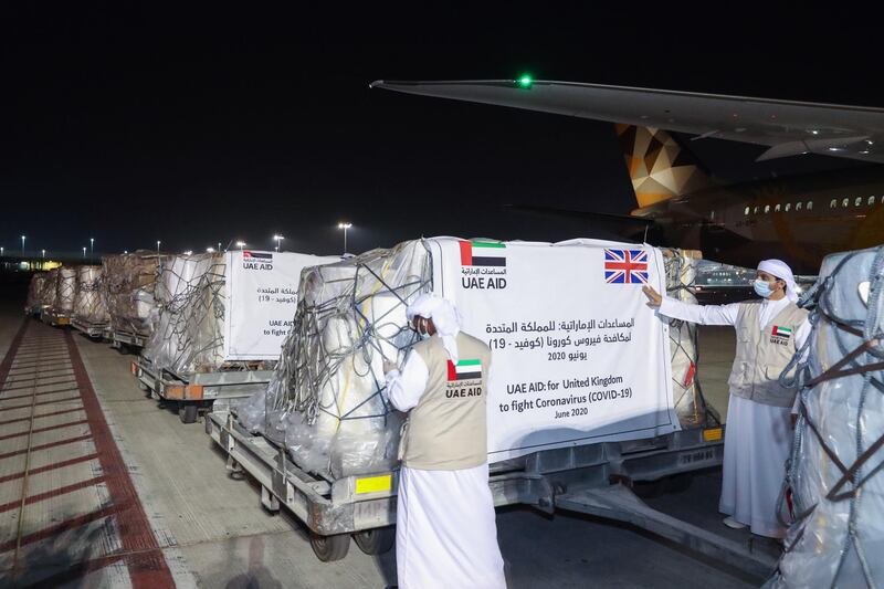 The UAE delivered 18 tonnes of food and medical aid to United Kingdom as part of its ongoing campaign to support global efforts to combat Covid-19. Courtesy: Wam