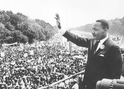 Black American civil rights leader Martin Luther King (1929 - 1968) addresses crowds during the March On Washington at the Lincoln Memorial, Washington DC, where he gave his 'I Have A Dream' speech.   (Photo by Central Press/Getty Images)