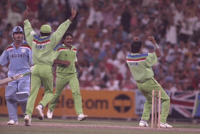 1992:  Wasim Akram of Pakistan takes the wicket of Allan Lamb of England during the final of the Cricket World Cup in Melbourne. Getty Images