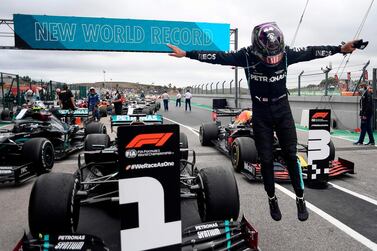 Mercedes driver Lewis Hamilton after his historic victory in Portugal on Sunday. PA