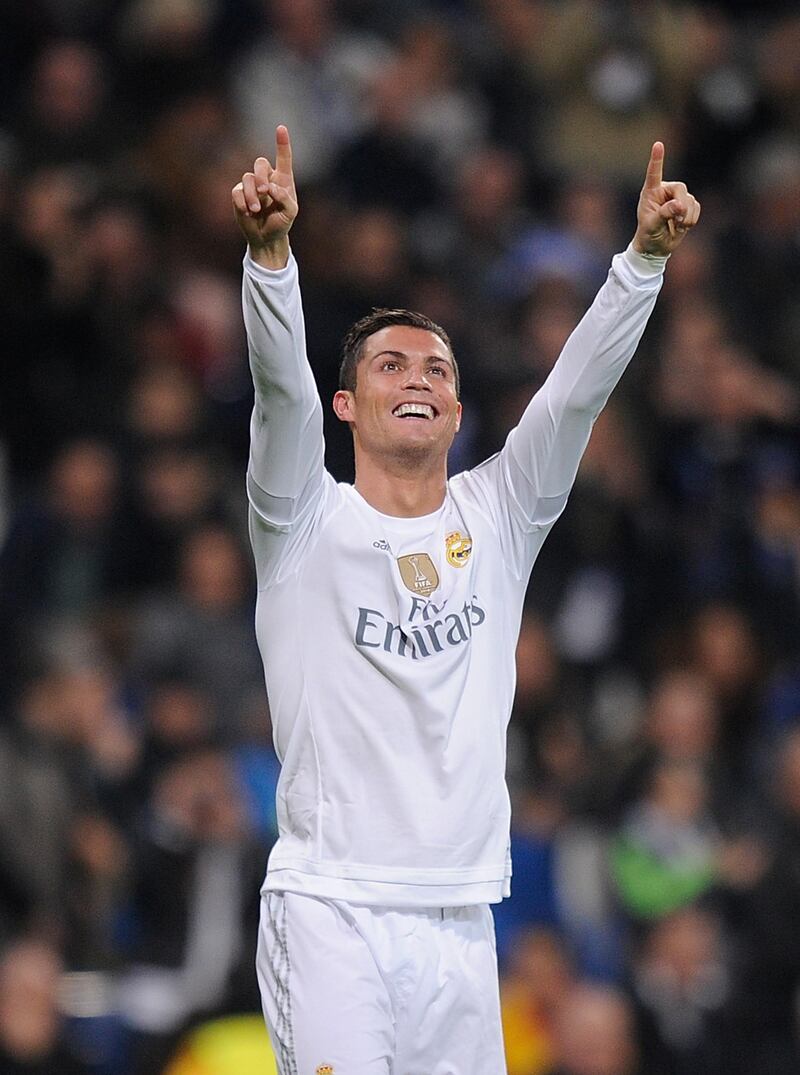 MADRID, SPAIN - DECEMBER 08:  Cristiano Ronaldo of Real Madrid celebrates after scoring Real's 5th goal during the UEFA Champions League Group A match between Real Madrid CF and Malmo FF at the Santiago Bernabeu stadium on December 8, 2015 in Madrid, Spain.  (Photo by Denis Doyle/Getty Images)