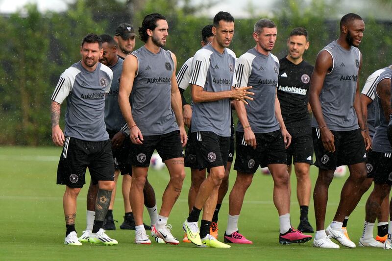 Inter Miami forward Lionel Messi, left, forward Leonardo Campana, second from left, and midfielder Sergio Busquets, third from left, do drills during practice. AP Photo 