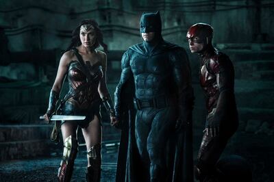 Ben Affleck, Gal Gadot & Ezra Miller in Justice League. Courtesy Warner Bros. Pictures