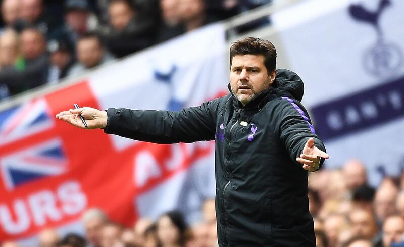epa07532190 Tottenham manager Mauricio Pochettino reacts during the English Premier League soccer match between Tottenham Hotspur and West Ham United at the Tottenham Hotspur Stadium in London, Britain, 27 April 2019.  EPA/ANDY RAIN EDITORIAL USE ONLY. No use with unauthorized audio, video, data, fixture lists, club/league logos or 'live' services. Online in-match use limited to 120 images, no video emulation. No use in betting, games or single club/league/player publications.