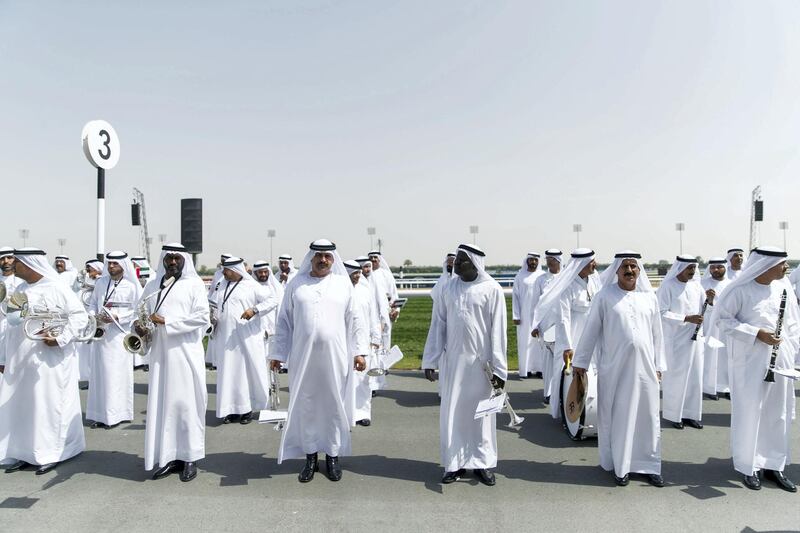 DUBAI, UNITED ARAB EMIRATES - MARCH 31, 2018. 

Sheikh Hamdan's Heritage troupe performs at Dubai World Cup 2018.

(Photo by Reem Mohammed/The National)

Reporter: 
Section: NA