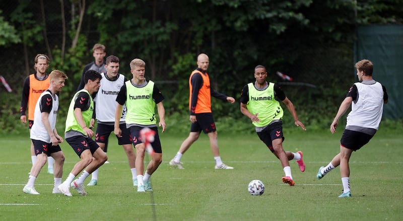 Denmark players take part in training ahead of their Euro 2020 last-16 match against Wales. Reuters