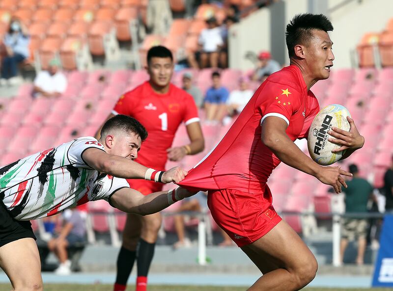 UAE and China in action during the Dialog Asia Rugby Sevens Series at Rugby Park in Dubai Sports City.