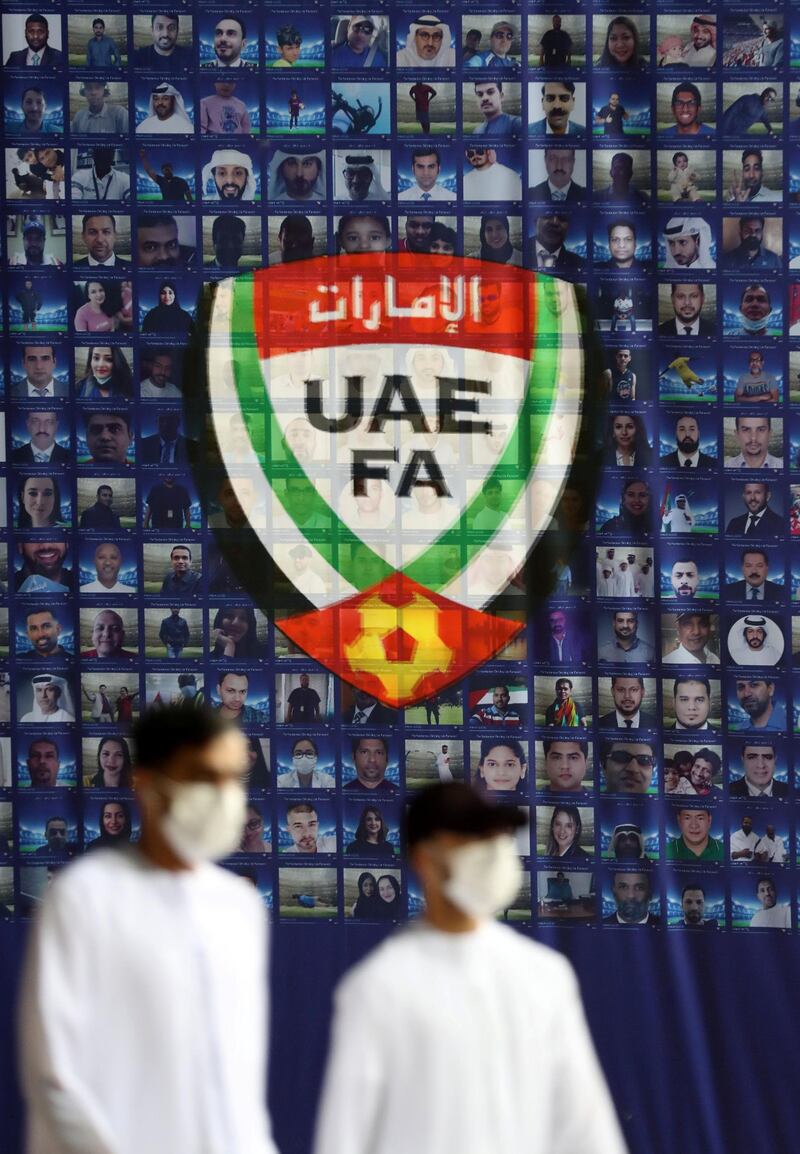 UAE fans before the game between the UAE and Thailand in the World cup qualifiers at the Zabeel Stadium, Dubai on June 7th, 2021. Chris Whiteoak / The National. 
Reporter: John McAuley for Sport