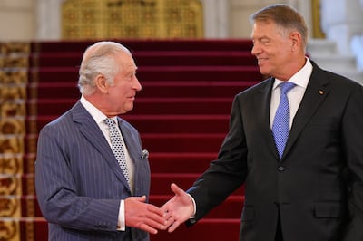 Britain's King Charles III with Romanian President Klaus Iohannis. AP
