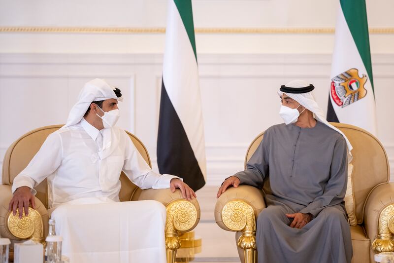 Sheikh Tamim bin Hamad Al Thani Emir of Qatar, with Sheikh Mohamed bin Zayed. Abdulla Al Junaibi for the Ministry of Presidential Affairs