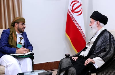 epa07772029 A handout photo made available by the supreme leader official website shows, Iranian supreme leader Ayatollah Ali Khamenei (R) talks to Mohammed Abdul Salam the spokesman of Yemen's Ansar Allah movement (Houthi) in Tehran, Iran, 13 August 2019. Media reported that Khamenei said to Salam that stand with all your power against Saudi Arabia and Emirates conspiracies and don't let them to breakdown Yemen.  EPA/IRANIAN LEADER OFFICE HANDOUT  HANDOUT EDITORIAL USE ONLY/NO SALES