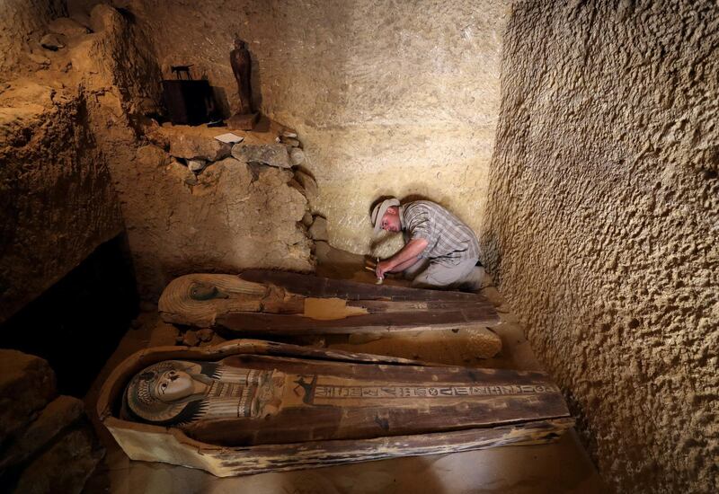 Two ancient sarcophagi are seen at the newly discovered burial site, the Tomb of Behnui-Ka and Nwi, dating back to circa 2500 B.C. near the Great Pyramids in Giza, on the outskirts of Cairo, Egypt May 4, 2019. REUTERS/Mohamed Abd El Ghany