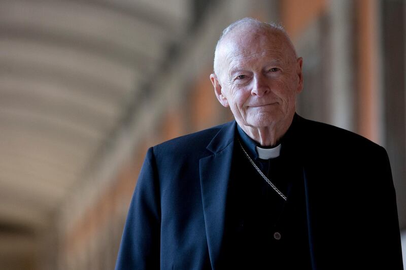 FILE - In this Feb. 13, 2013 file photo, Cardinal Theodore Edgar McCarrick poses during an interview with the Associated Press, in Rome. On Saturday, Feb. 16, 2019 the Vatican announced Pope Francis defrocked former U.S. Cardinal Theodore McCarrick after Vatican officials found him guilty of soliciting for sex while hearing Confession. (AP Photo/Andrew Medichini, file)