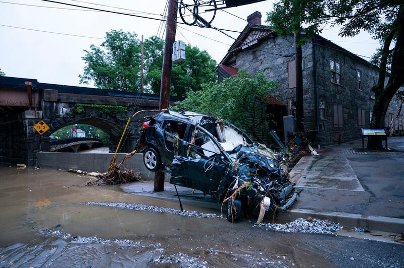 Damage on Main Street after a flash flood rushed through the historic town of Ellicott City, Maryland, USA, 27 May 2018. The National Weather Service stated as much as 9.5 inches of rain fell in the area. Jim Lo Scalzo / EPA