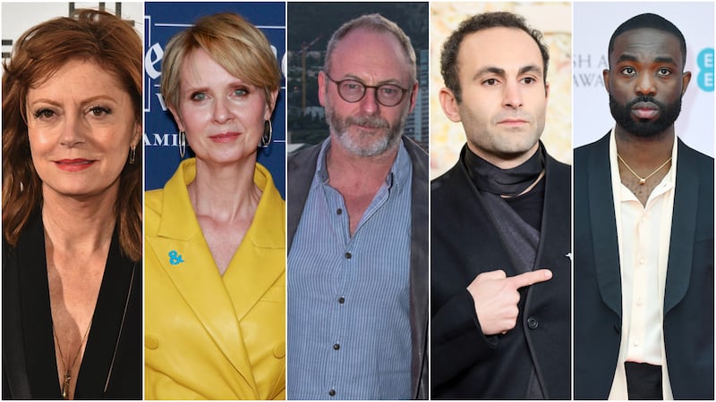 From left, Susan Sarandon, Cynthia Nixon, Liam Cunningham, Khalid Abdulla and Paapa Essiedu have featured in a video reading out South Africa's genocide case against Israel. Getty Images and AFP