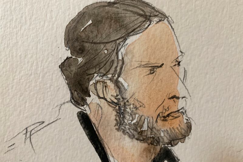An artist's impression of Salah Abdeslam in court. AP