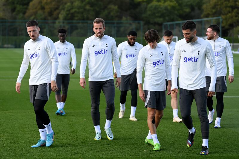 Spurs striker Harry Kane, centre, with teammates at training. Getty