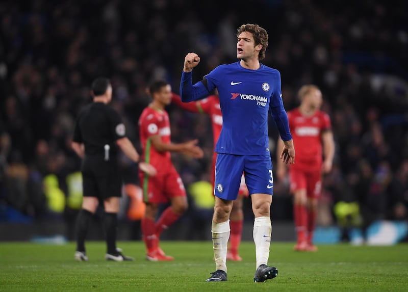 Chelsea defender Marcos Alonso celebrates at full time. Mike Hewitt / Getty Images