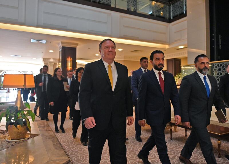 U.S. Secretary of State Mike Pompeo is received by Iraq's Parliament Speaker Mohamed al-Halbousi in Baghdad, Iraq, during a Middle East tour, January 9, 2019.  Andrew Caballero-Reynolds/Pool via REUTERS