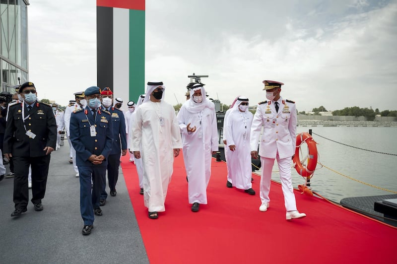 ABU DHABI, UNITED ARAB EMIRATES - February 21, 2021: HH Sheikh Hamed bin Zayed Al Nahyan, Member of Abu Dhabi Executive Council (3rd L) tours the International Defence Exhibition and Conference 2021 (IDEX), at ADNEC. Seen with HE Major General Essa Saif Al Mazrouei, Deputy Chief of Staff of the UAE Armed Forces (2nd R) and Rear Admiral Pilot HH Sheikh Saeed bin Hamdan bin Mohamed Al Nahyan, Commander of the UAE Naval Forces (R).

( Rashed Al Mansoori / Ministry of Presidential Affairs )
---