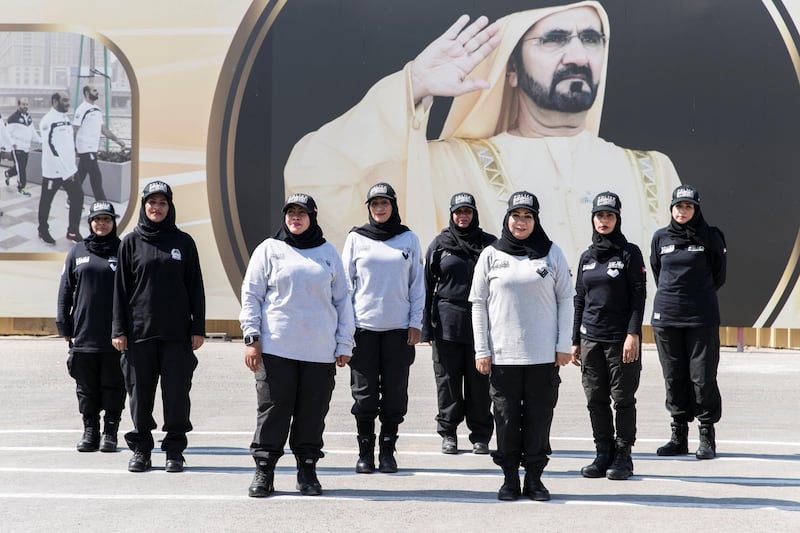 DUBAI, UNITED ARAB EMIRATES - SEP 25:

Female officers of Dubai Police VIP protection unit. From left to right, Moza Abdullah, Amna Hassan, Zahra Ghulam, Asia Mohammed, Aisha Hussain, Fawzia Ramadan, and Kaltham Ghuloom.

(Photo by Reem Mohammed/The National)

Reporter: Nawal Al Ramahi
Section: NA