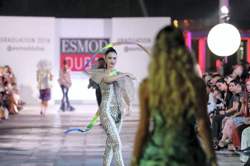 Dubai, United Arab Emirates - June 20, 2019: Designs by student designer Cécile Biscaglia, the collection takes inspiration from Cirque du Soleil. Esmod Fashion Show. Thursday the 20th of June 2019. City Walk, Dubai. Chris Whiteoak / The National
