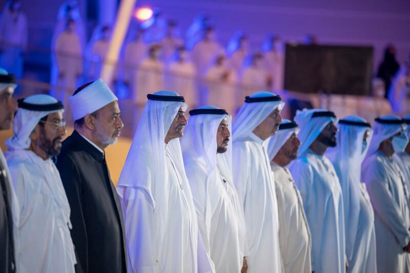 Sheikh Hamad bin Mohammed Al Sharqi, Ruler of Fujairah; Sheikh Tahnoon bin Mohamed, Ruler's Representative in Al Ain Region; Sheikh Hamdan bin Zayed, Ruler’s Representative in Al Dhafra Region; Sheikh Nahyan bin Zayed, Chairman of the Board of Trustees of Zayed bin Sultan Al Nahyan Charitable and Humanitarian Foundation; Sheikh Suroor bin Mohamed; Dr Ahmed Al Tayeb, Grand Imam of Al Azhar Mosque; and Saqr Ghobash, Chairman of the Federal National Council. Photo: Mohamed Al Hammadi / Ministry of Presidential Affairs