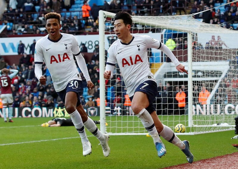 Tottenham Hotspur striker Son Heung-min celebrates scoring their third goal against Aston Villa. Reuters