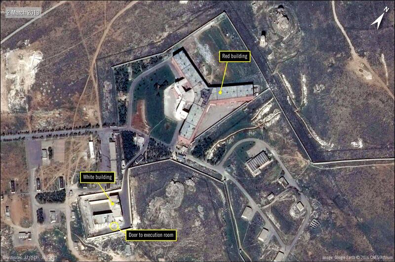 A handout satellite image released by The French national Space study centre (CNES) and the ASTRIUM, the aerospace maufacture subsiduary of the European Aeronautic Defence and Space Company (EADS) and received from Amnesty International on February 7, 2017 by shows the military-run Saydnaya prison, one of Syria's largest detention centres located 30 kilometres (18 miles) north of Damascus.


The United States on May 15, 2017 accused Syria of building a prison crematorium to destroy the remains of thousands of murdered detainees, putting pressure on Russia to rein in its ally. Warning Moscow it should not turn a blind eye to Bashar al-Assad's crimes, the State Department released satellite images that it said backed up reports of mass killings at the Syrian jail.


 / AFP PHOTO / AFP / Handout