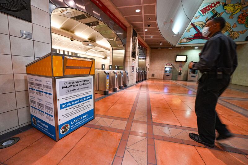 A new vote-by-mail drop box for the California gubernatorial recall election stands in a Los Angeles Metro station. AFP