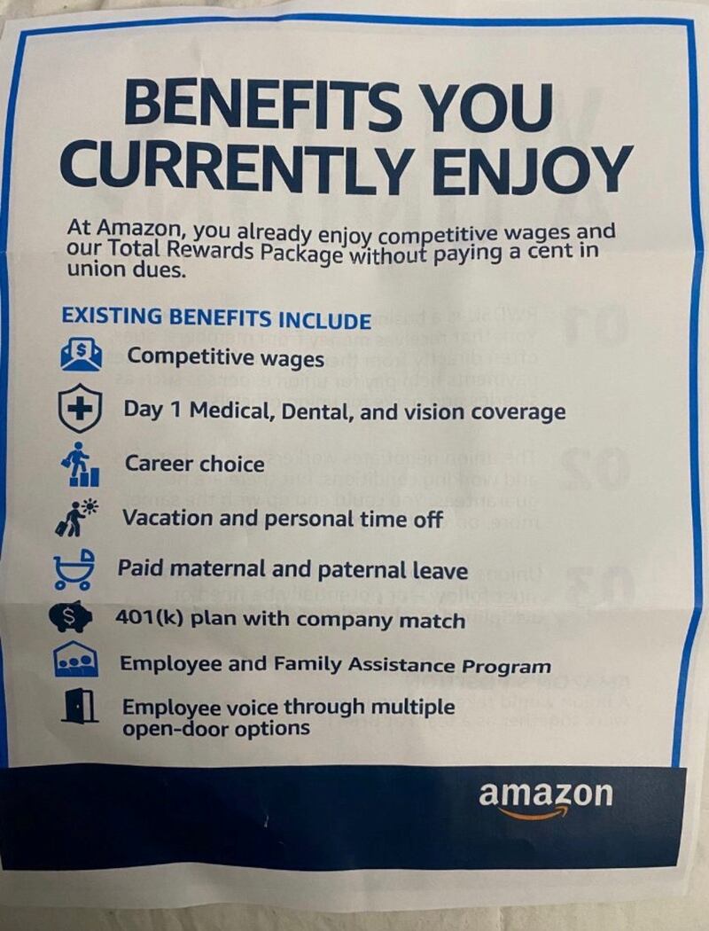 A pamphlet distributed by Amazon to workers in Bessemer, Alabama, before another potential union vote.   Amazon Union/ Handout via Reuters
