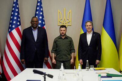 Ukrainan President Volodymyr Zelenskyy with US Secretary of State Antony Blinken and US Defence Secretary Lloyd Austin last month. Reuters