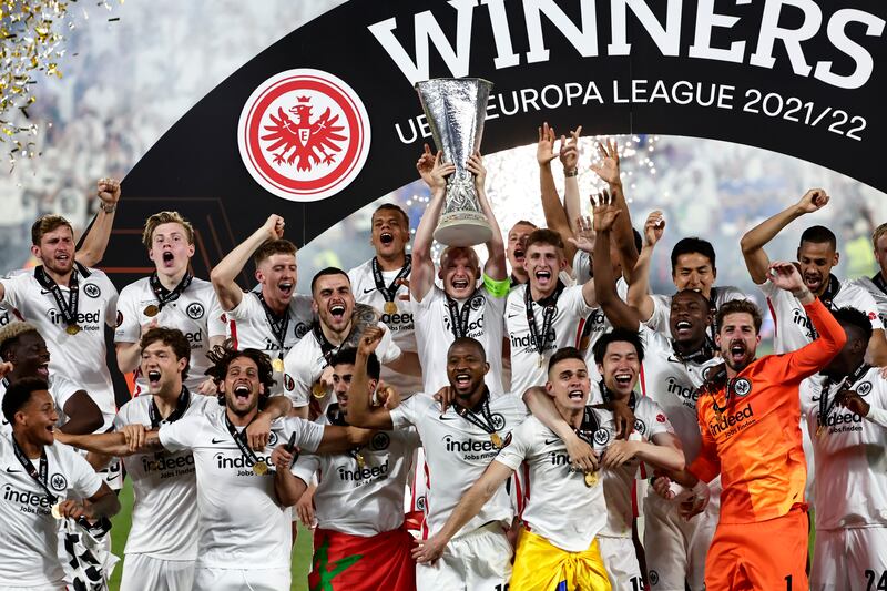 Eintracht Frankfurt celebrate after winning the Europa League final against Rangers in Seville. A
