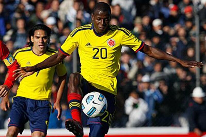 The Colombian goalscorer Adrian Ramos controls the ball during his side's 1-0 win against Costa Rica in Jujay.