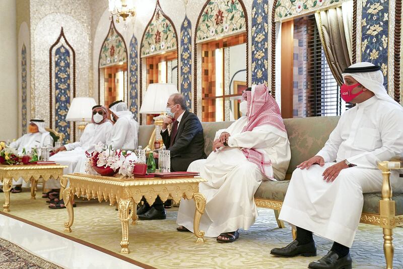 GHANTOOT, ABU DHABI, UNITED ARAB EMIRATES - November 18, 2020: HH Sheikh Ahmed bin Khalifa Al Khalifa Advisor to the King of Bahrain (R), HE Sheikh Khaled bin Ahmed bin Mohamed Al Khalifa, former Minister of Foreign Affairs of Bahrain (2nd L), HE Ayman Safadi, Minister of Foreign Affairs of Jordan (3rd L) and other dignitaries, attend a tripartite summit between the UAE, Bahrain and Jordan. 

( Rashed Al Mansoori / Ministry of Presidential Affairs )
---