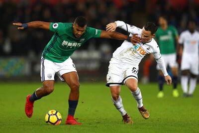 SWANSEA, WALES - DECEMBER 09:Jose Salomon Rondon of West Bromwich Albion is challenged for the ball Roque Mesa of Swansea City  during the Premier League match between Swansea City and West Bromwich Albion at Liberty Stadium on December 9, 2017 in Swansea, Wales.  (Photo by Michael Steele/Getty Images)
