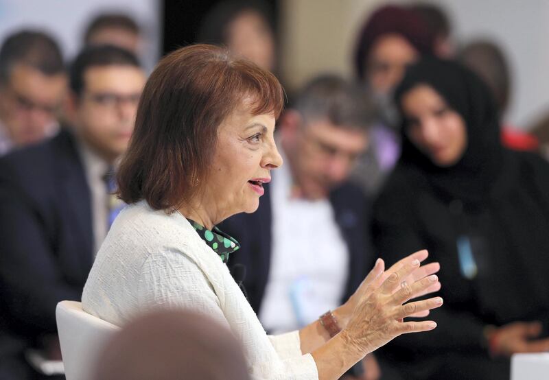 Dubai, United Arab Emirates - February 10, 2019: H.E. Maria Manuel Leitao Marques, Minister of the Presidency and of Administrative Modernisation speaks about Launching the Global Happiness and Wellbeing Policy Report during day 1 at the World Government Summit. Sunday the 10th of February 2019 at Madinat, Dubai. Chris Whiteoak / The National