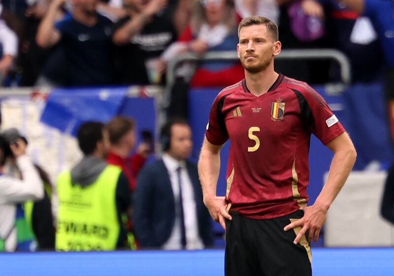 Jan Vertonghen of Belgium reacts after the match following his own goal that gave France victory. EPA